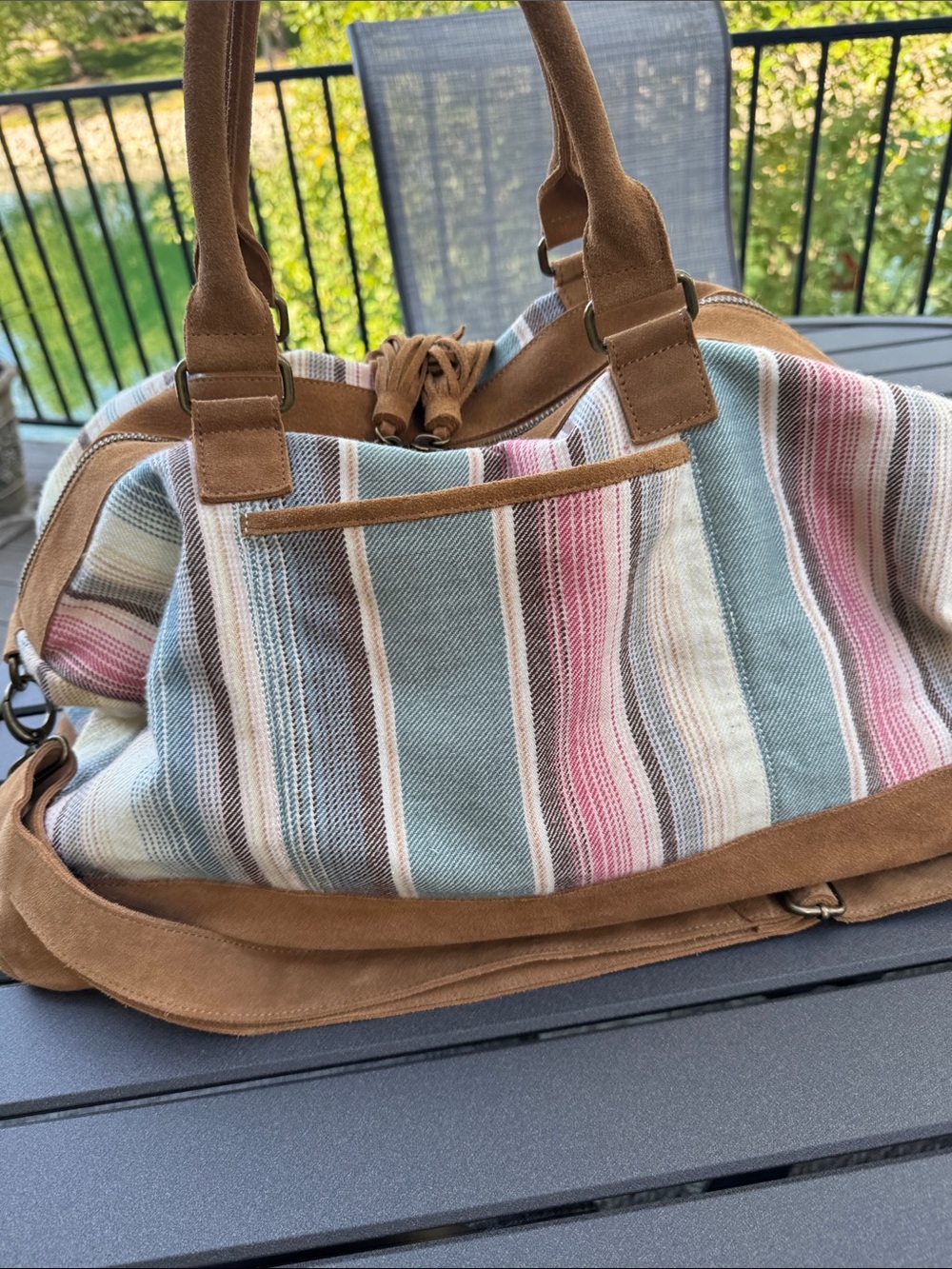 Pottery Barn Suede-Trim Striped Weekender - Tan & Pastel Stripes - Picture 4 of 15